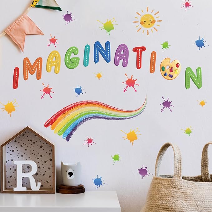 LHIUEM Colorful Imagination Kids Wall Stickers Blooms Here 46 PCS Splatter Splotches Wall Decals for Classroom Rainbow Contact Paper Watercolor Sun Star Wallpaper for Boys Girls Playroom Bedroom Nursery