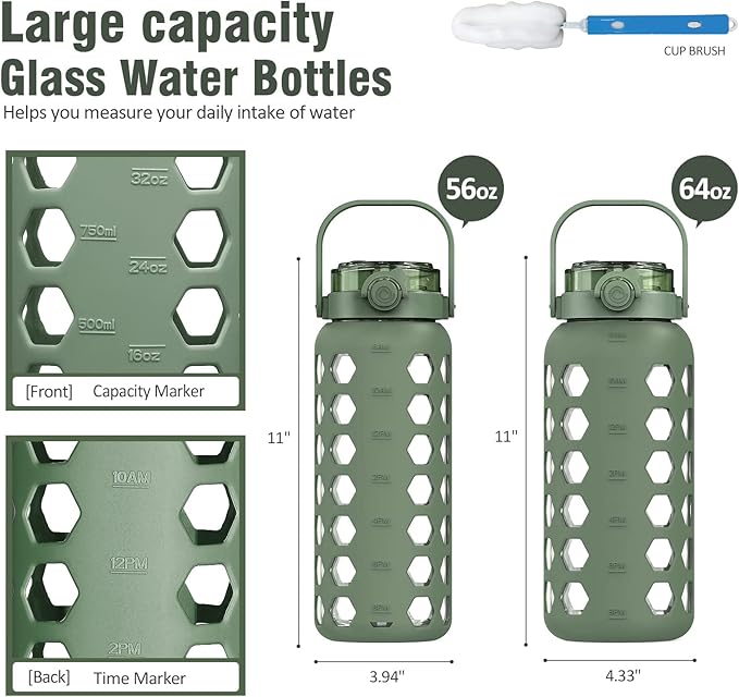 MUKOKO Half Gallon/64 oz Glass Water Bottles with Straw and Lid,Motivational Water Jug with Time Marker Reminder and Silicone Sleeve,100% Leakproof BPA Free Fitness Sports Large Bottle-Olive