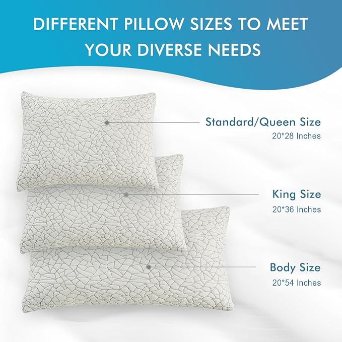Dafinner Adjustable Shredded Memory Foam Pillows Standard/Queen Size - 100% Removable Cover from Bamboo Derived Rayon, Cooling Medium Bed Pillows for Side Stomach & Back Sleepers - Pack of 2, 20"x28"