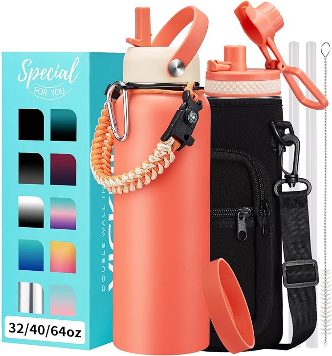 40 oz Insulated Water Bottle - (Cold 48H) Metal Water Jug with Straw & Auto Spout Lids, Leak Proof Coldest Stainless Steel Flask with Carrying Pouch, Paracord Handle for Gym Hiking Work, Coral Orange