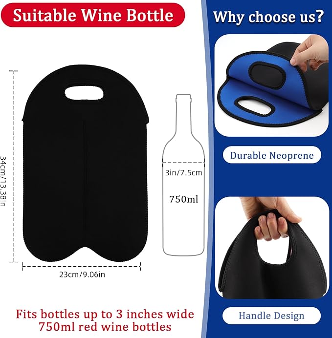 Desing Wish 2-Bottle Set Wine Carrier Tote Bag for 750ml Red/White Wine Bottles, Insulated Neoprene Wine Cooler Bag Wine Gift Bags for Gift/Picnic/Party/Beach/Christmas - Red