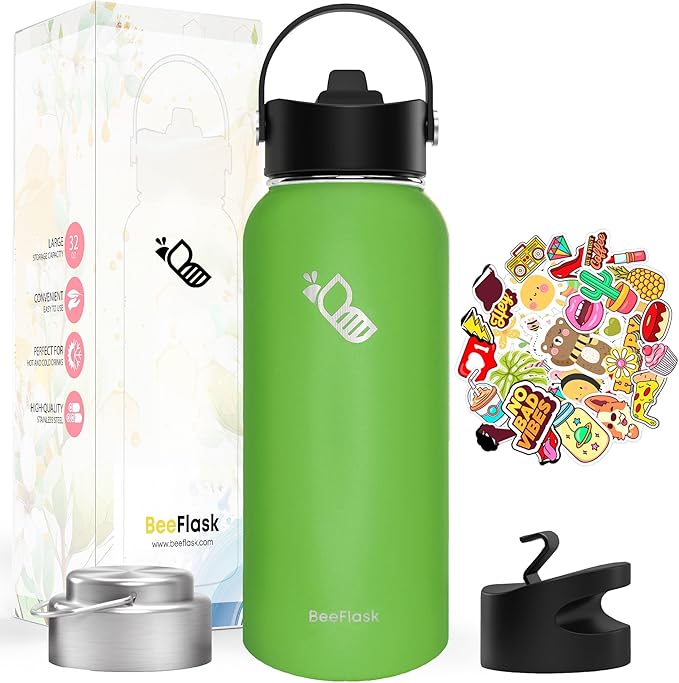 Sports Water Bottle - 32 Oz, 3 Lids (With straw), 50 Cute Stickers, Vacuum Insulated, 308 Stainless Steel, with a Portion of Sales Supporting Bee Conservation Efforts (Forest Green)