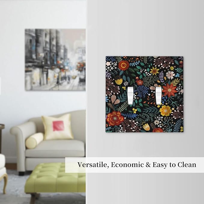 Colorful Flower Boho Floral Rustic Dark Leaves Double Toggle Light Switch Covers 2 Gang Wall Plate Dual Decorative Switchplate Electrical Faceplate for Farmhouse Country Bedroom Kitchen Decor