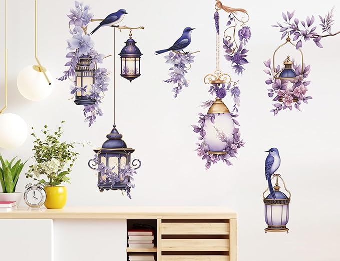 Removable 3D DIY Hanging Flowers Wall Decal Floral and Lamp Wall Sticker Peel and Stick Flower Vine Wall Decor for Kids Girls Bedroom Nursery Living Room Background Decoration (Purple)