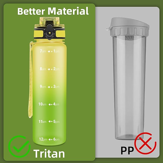 OLDLEY 32 oz Water Bottle, Motivational Water Bottle with Time Marker, Sports Water Bottle With Strap, Leakproof & BPA Free Large Water Bottles for School, Gym, Travel, Outdoor, Tritan,Yellow&Green