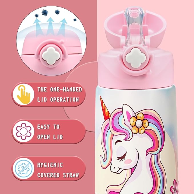Kids Insulated Water Bottle with Covered Pop-Up Straw,16oz Kids Cups with Stainless Steel Leak Proof for School Boys Girls（Purple Unicorn-2）