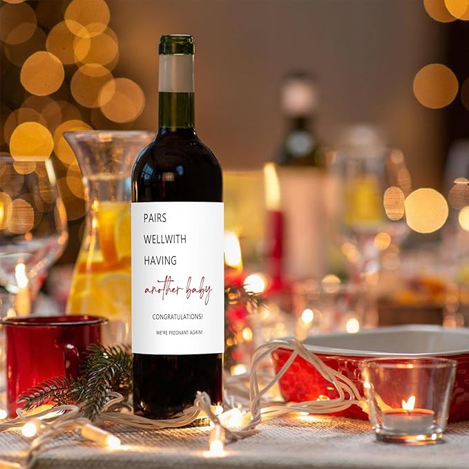 24 Pcs Funny Second Baby Announcement Wine Labels Pregnancy Announcement Wine Bottle Stickers Pairs Well With Having Another Baby Bottle Labels Pregnancy Announcements Gifts