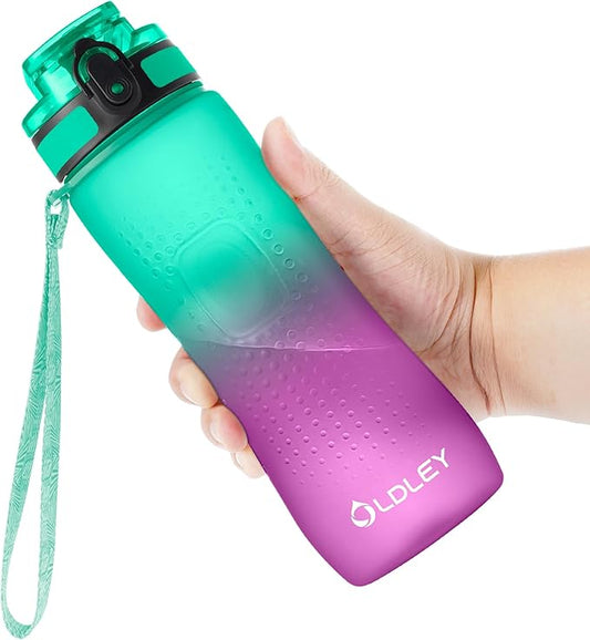 OLDLEY 25 oz Water Bottle, Motivational Water Bottle with Time Marker, Sports Water Bottle With Strap, Leakproof & BPA Free Large Water Bottles for School, Gym, Travel, Outdoor, Tritan,Green&Purple