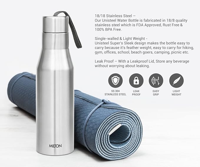 Milton Stainless Steel Water Bottle (34 oz), Non insulated Single Walled, Leakproof, BPA Free for Sport, Gym, Bike, Travel, Super 1000, Silver
