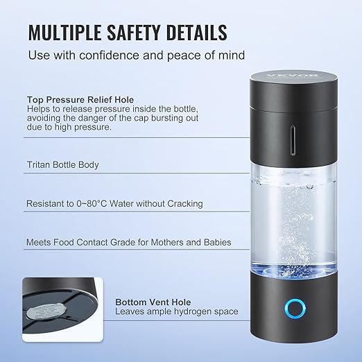 VEVOR Hydrogen Water Bottle, Hydrogen Water Bottle Generator up to 4500 ppb, 230ml Portable Hydrogen Water Machine, SPE Technology hydrogen water generator with Nasal Inhalation Tube and Self-Cleaning