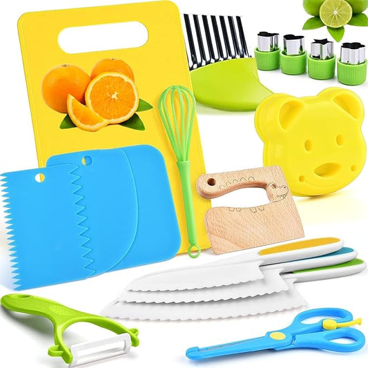 Real Cooking Set for Kids,13/17 Piece Kids Baking knife Set Kitchen Tools Include Wood Kids Safe Knife, Peeler, Cutting Board Potato Slicers for Boys, Kid, Toddler, Gift