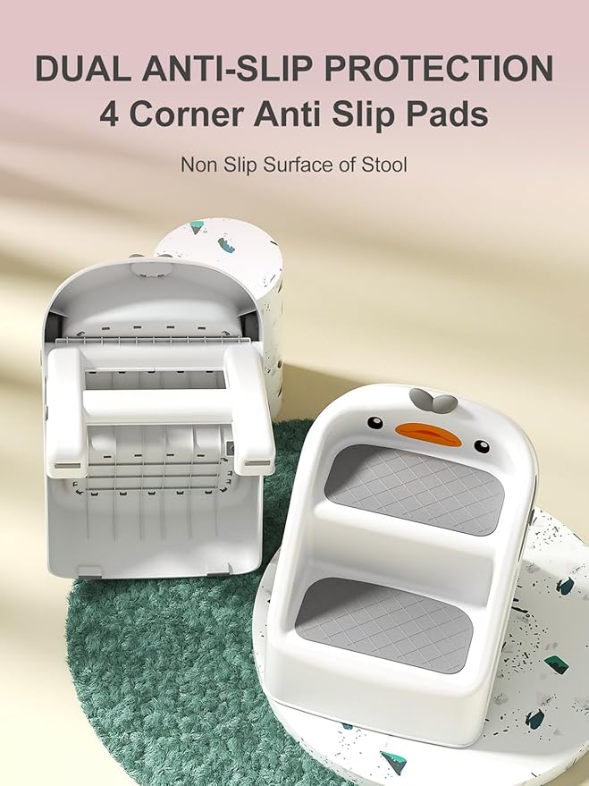 Toddler Step Stool, White & Grey, Foldable 2 Step Stool for Kids Bathroom Sink Potty Toilet, to Give Stepping Stool for Todders 1-3 More Independence, Easy to Use & Carry & Wash