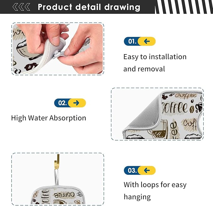 Coffee Theme Faucet Water Catcher Mat 2 Pack Coffee Cup Beans Drying Mat Absorbent Bathroom Faucet Handle Drip Catcher Tray Bar RV Kitchen Sink Splash Guard 30x5 Inches