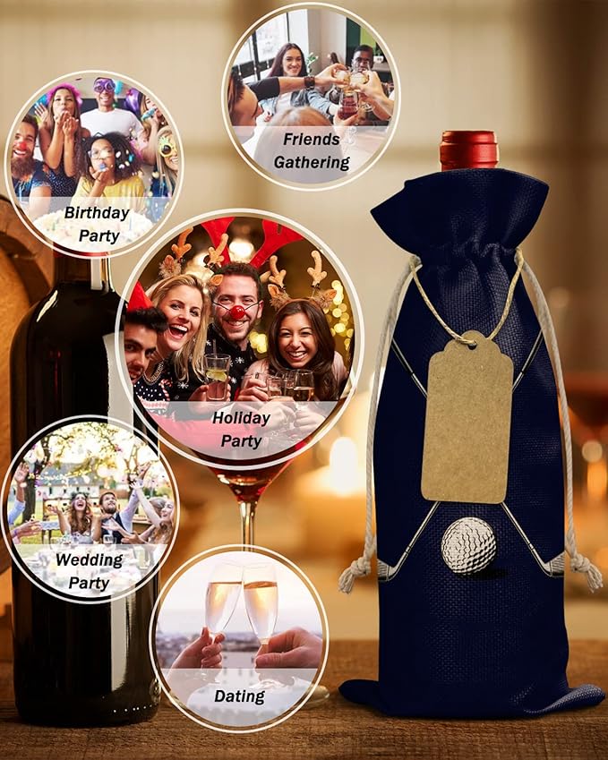 PIEPLE 10 Pack Wine Bottle Bags, Golf Club Wine Bottle Cover with Drawstring, Gift Bag for Champagne, Wedding, Birthday, Christmas, Thanksgiving, Party Golf Sport Navy Blue Modern Abstract Art