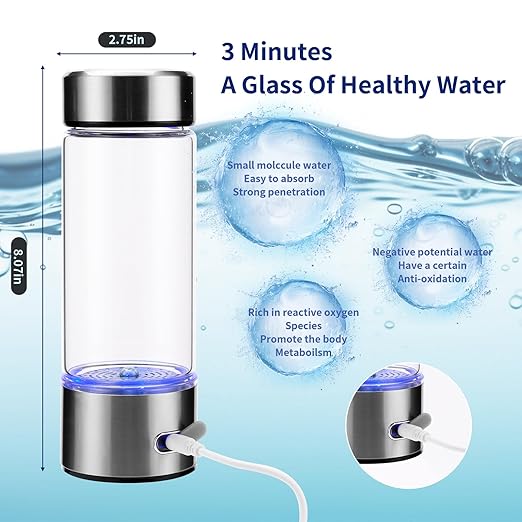 Hydrogen Water Bottle,3Min Quick Electrolysis,Hight Borosilicate Glass Health Mug with SPE PEM Technology, Portable USB Rechargeable Ionized Water Generator for Home, Travel and Office(Silver)
