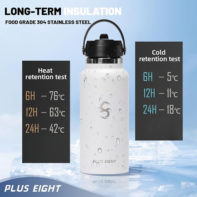 Sports Water Bottle, 32 oz Insulated Water Bottle With Straw, Stainless Steel Water Bottle Wide Mouth for Sports, Gym or Office, BPA-Free Keep Cold 24H Hot 12H (White)