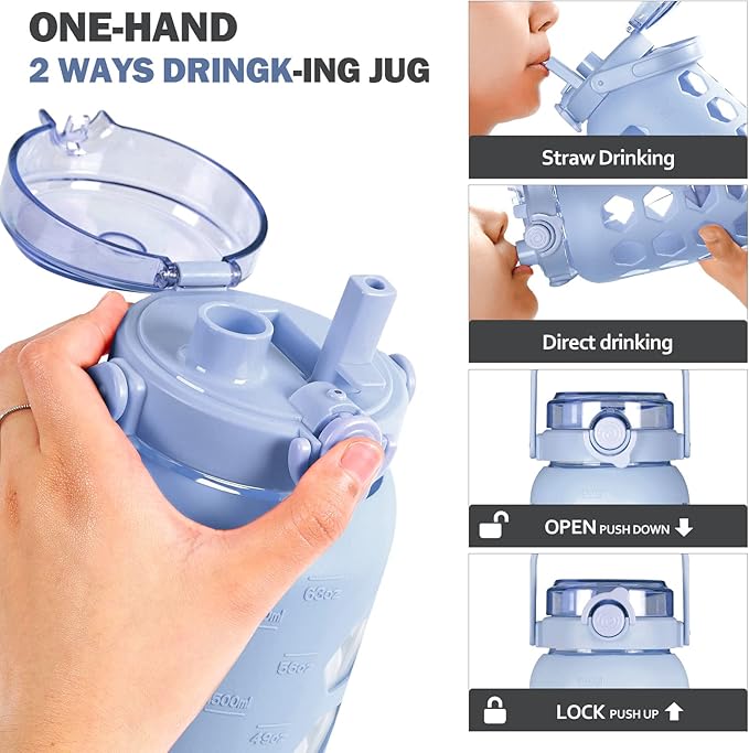 MUKOKO Half Gallon/64 oz Glass Water Bottles with Straw and Lid,Motivational Water Jug with Time Marker Reminder and Silicone Sleeve,100% Leakproof BPA Free Fitness Sports Large Bottle-Light Blue