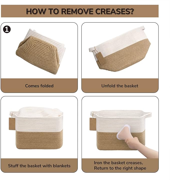 Goodpick Woven Storage Baskets for Organizing, Dog Toy Basket Medium Empty Gift Basket with Handles, Square Wicker Basket, White and Jute Storage Bin, 13.5 x 11 x 9.5 Inches