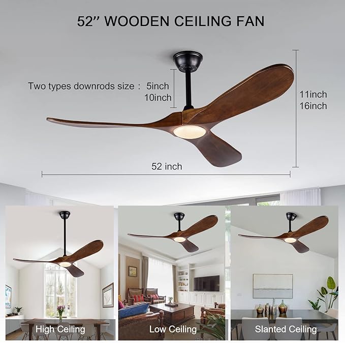 BOJUE 52 Inch Indoor Outdoor 3 Wooden Blades Remote Control with Light Modern Ceiling Fan for Terrace Living Room Bedroom (Deep Walnut Blades)