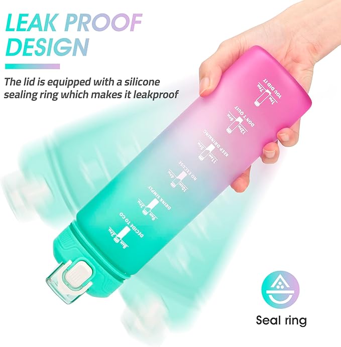 Motivational Water Bottle with Time Marker- 32oz Water Bottles with Times to Drink, Leakproof & BPA Free Sports Water Bottle with Straw & Carry Strap for Fitness, Gym, and Outdoor Sports