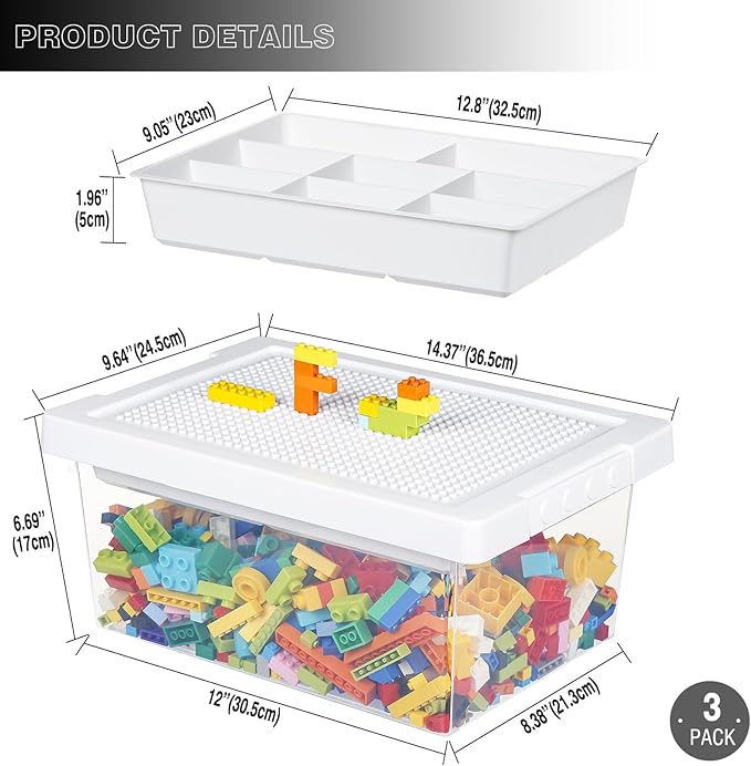 loobuu Plastic Storage Bins with Lids - 3 Set Stackable Arts Crafts Organizer Box with Removable Divided Tray &Compatible Building Baseplate,Toy Chest Containers for Bricks -White