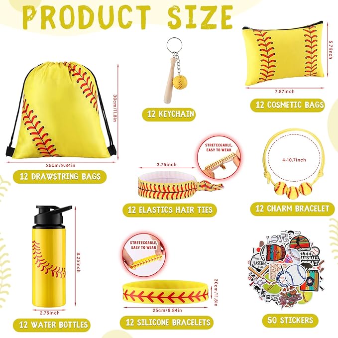 Layhit 134 Pcs Party Favors Set Include Cosmetic Bag Drawstring Backpack Hair Ties Charm Bracelets Silicon Bracelets Water Bottles Keychains Stickers for Sport Team Gifts (Yellow,Baseball)