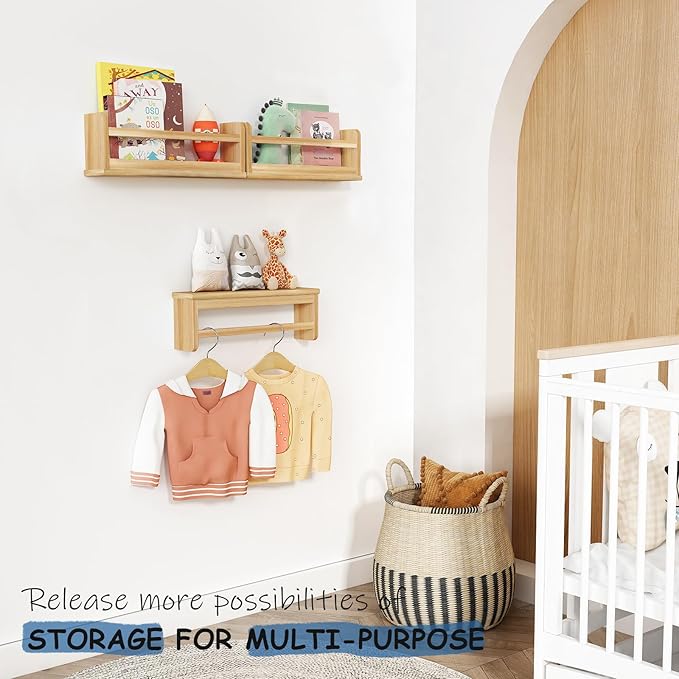 Wooden Wall Bookshelf for Kids Room, Natural Wood Floating Nursery Book Shelves for Baby Toddler Child Bedroom, Cute Wall Mount Bookshelves for Teen Girls Boys Closet Classroom Library