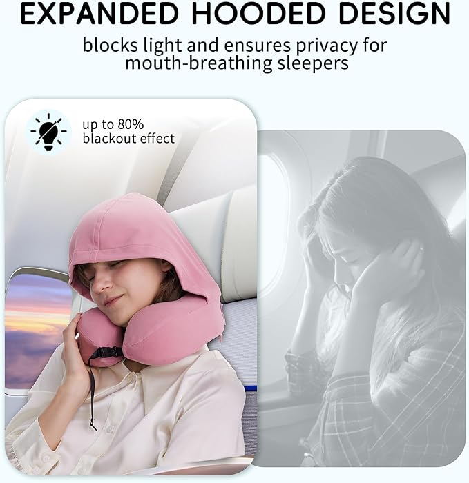 Travel Pillow with Hood for Airplane, 100% Pure Memory Foam Hooded Neck Pillow for Traveling, Car, Office, Soft, Machine Washable, Easy Storage, Pink