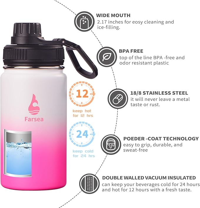 Farsea Insulated Water Bottle With Paracord Handle, Protective Silicone Boot and 2 Lids (Straw Lid & Spout Lid), Stainless Steel Water Bottle Wide Mouth, Double Wall Sweat-Proof BPA-Free,12 oz