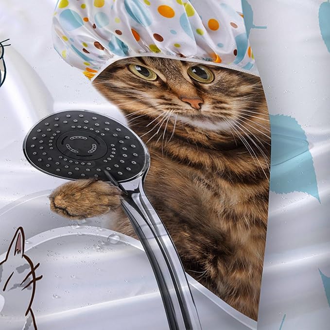AILONEN Funny Cat with Shower Cap Shower Curtain for Kids 72" W*84" H Inch,Cute Cartoon Animals Bathroom Curtain,12 Pack Hooks Polyester Waterproof Fabric Decor for Bathroom,White