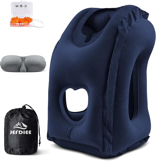 JefDiee Inflatable Travel Pillow, Airplane Neck Pillow Comfortably Supports Head and Chin for Airplanes, Trains, Cars and Office Napping with 3D Eye Mask, Earplugs and Portable Drawstring Bag (Blue)