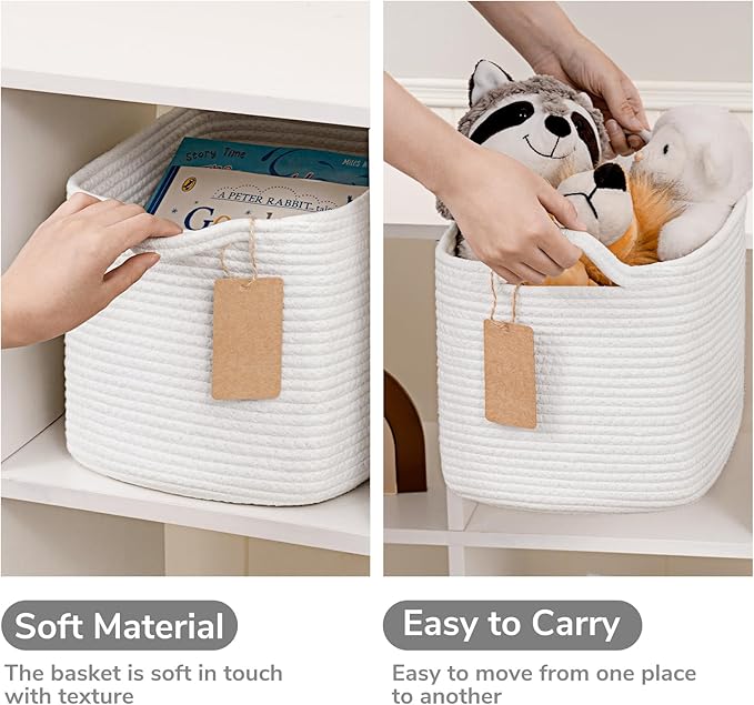 Goodpick Rope Basket, Storage Baskets for Organizing, Rectangle Baby Nursery basket with Handles, Small Woven Basket for Shelves, Living Room, 13 x 10 x 9 Inches, White
