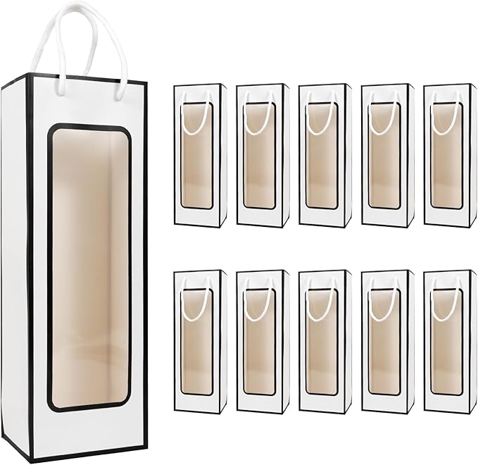 Cyblinia 20 Pack Kraft Paper Wine Bags with Window Wine Gift Bags 14.2 x 4.9 x 3.4 Inch Wine Bottle Bags with Handles Shopping Bags for Christmas, Birthday,Wedding