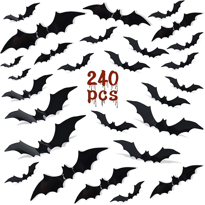 Bats Wall Decor,240 Pcs Bats Halloween Decoration, 4 Different Sizes 3D Bat for Halloween Decorations Clearance, Halloween Bat Stickers for Wall Decor
