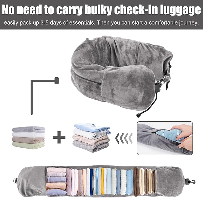 Stuffable Travel Pillow, Plush Stuffable Neck Pillow for Travel Transformable Neck Pillow Travel Pillow Stuffable with Clothes Adjustable U-Shape Pillow, No Pillow Filler (Gray)