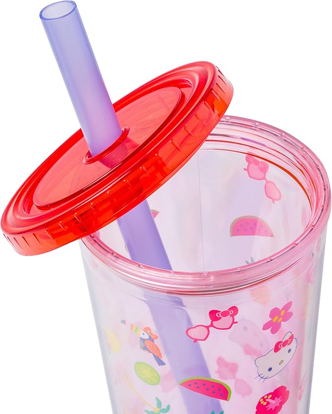 Silver Buffalo Sanrio Hello Kitty Tropical Summer Plastic Boba Tumbler with Lid and Wide Straw, 24 Ounces