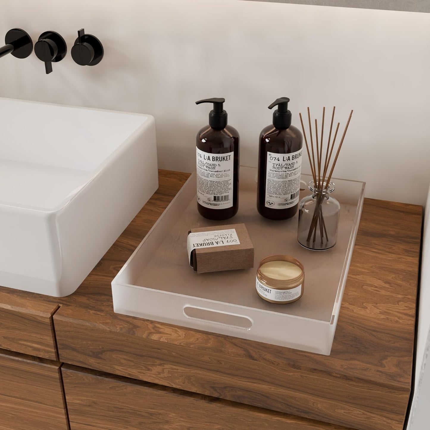 Large Acrylic Serving Tray Decorative Ottoman Coffee Table Vanity Tray Tea Fruit Platter Snack Appetizer Dessert Drink with Handles for Bar Kitchen Party, Frosted