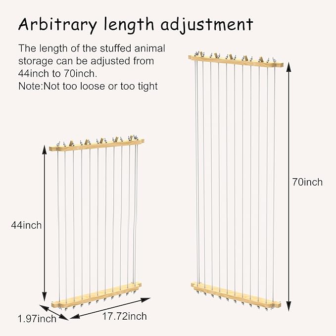 Stuffed Animal Storage Wood Plush Toys Holder with Hooks, Length Adjustable Hanging Stuffed Animal Toy Organizer Shelf for Nursery Kid Room Play Room Bedroom