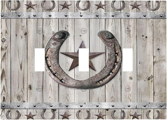 Rustic Western Wood Barn Door Horseshoe Iron Star 3 Gang Light Switch Covers Triple Toggle Wall Plate Decorative Switchplate Electrical Faceplate for Farmhouse Country Bedroom Decor