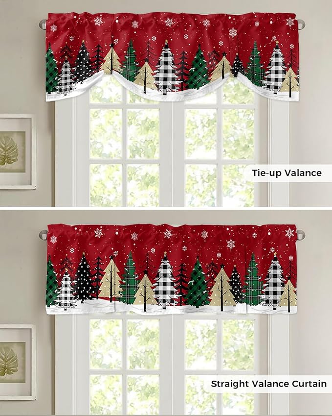 Red Merry Christmas Blackout Tie Up Valance Curtains for Kitchen Windows Green Christmas Tree Window Toppers Balloon Shades for Living Room/Bathroom/Bedroom,1 Panel, 42" X 12",White Snow Forest Winter