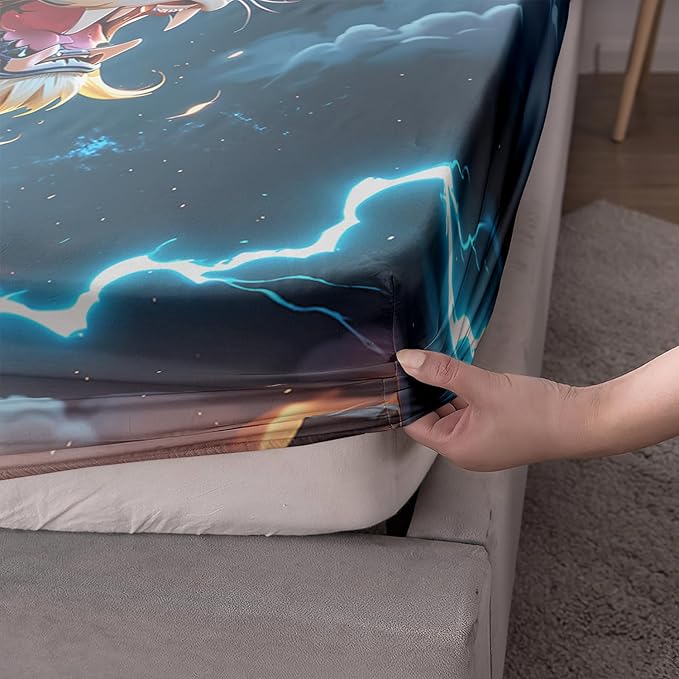 AILONEN Boys Lion Fitted Sheet Set Full Size, Safari Animal Lion Blue Lightning 3 Pieces Printed Kids Bed Sheet Set,Wildlife Fitted Sheet with 2 Pillowcases