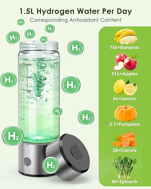 Hydrogen Water Bottle, 3 Min Rapid Hydrogen Water Bottle Generator with SPE PEM Technology, Portable Hydro Water Bottle Suitable for Gym Office Travel Home, Gift for Love Friend Family, Silver