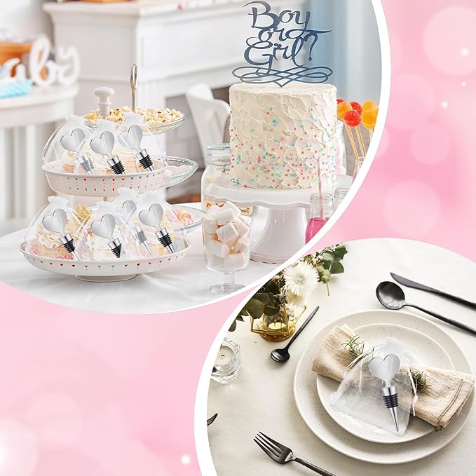 Blank Heart Shape Wine Stopper Stainless Steel Beer Stopper Blank Board Stopper with White Sheer Organza Bags Wedding Favor for Guests Wine Party Gifts Bridal Shower(Silver,36 Sets)