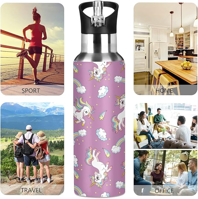 MNSRUU Insulated Water Bottle with Straw, Rainbow and Unicorns Stainless Steel Flasks for Sports Cycling Hiking School