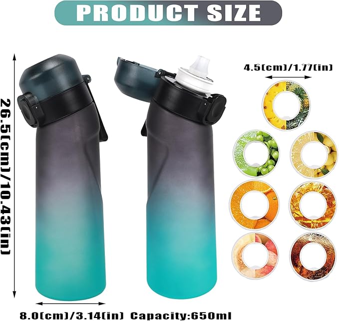 Water Bottle with Flavor Pods 21.9 Oz/650ml Fruit Fragrance Water Bottle Recyclable Sports Air Water Cup Scented Pods for Outdoor (Blue Black)