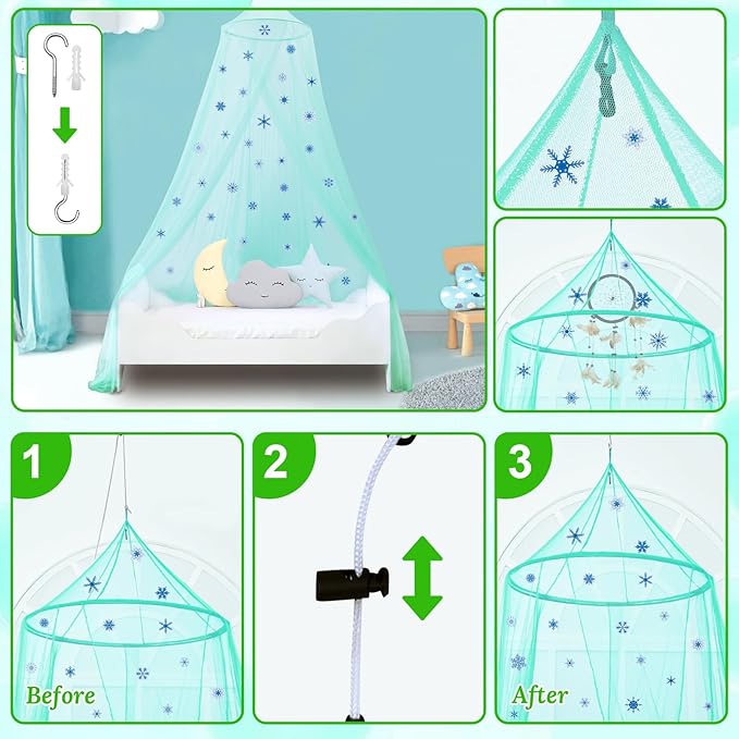 South to East Bed Canopy for Girls with Glowing Snow in The Dark, Cyan Princess Bed Curtains for Kids Bed & Toddler Bed, Twin, Full & Queen Bed, Mosquito Net Canopy for Girls Bedroom