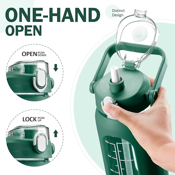 kytffu 56oz Glass Water Bottles with Straw, Motivational Glass Bottle with Silicone Sleeve and Time Marker, Leakproof Large Glass Water Jug for Gym Home Office,Ink green