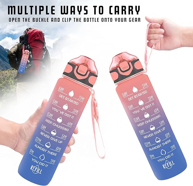Enerbone 32 oz Drinking Water Bottle with Times to Drink and Straw, Motivational with Carrying Strap, Leakproof BPA & Toxic Free, Ensure You Drink Enough Water for Fitness Gym Outdoor