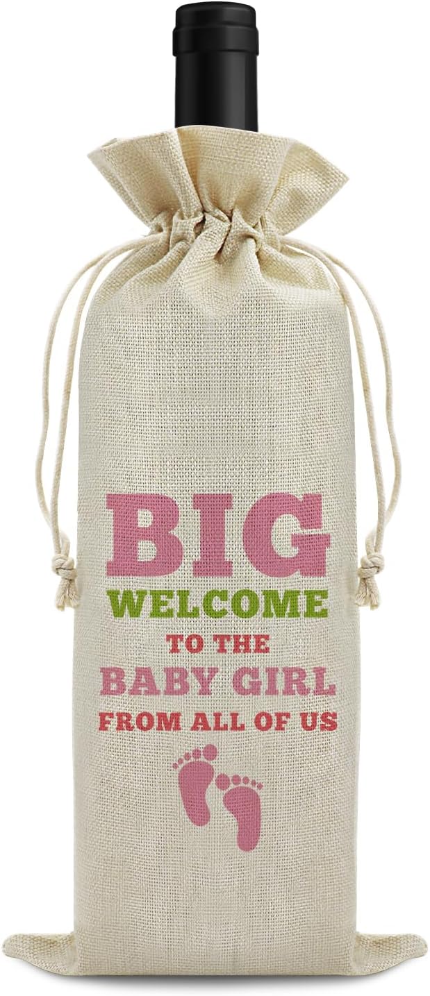Welcome Baby Girl Wine Bag New Baby Birth Announcement Gift for Grandparents Baby Shower Baby Gender Reveal Party Decors Newborn Baby Girl Gift for Friends Wine Gift Bag Drawstring Wine Wrapping Bag