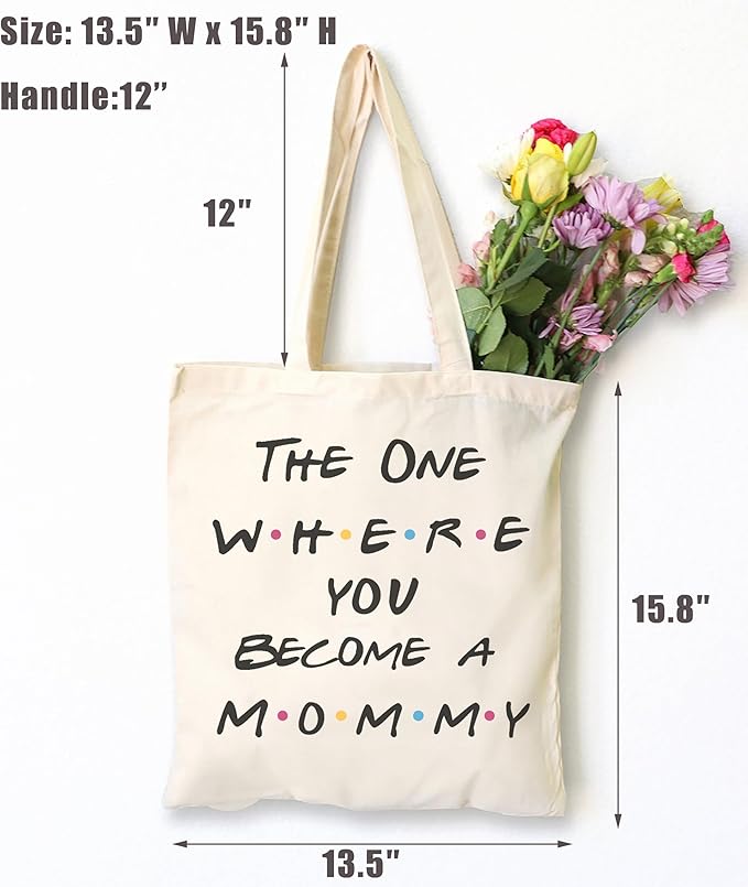 LIBIHUA New Mommy Gift-First Time Mom-Mother to Be,Promoted to Mom,Baby Shower Presents,Pregnancy Announcement Gift,The One Where You Become A Mommy Tote Bag,Grocery Bag Shoulder Bag Shopping Bag